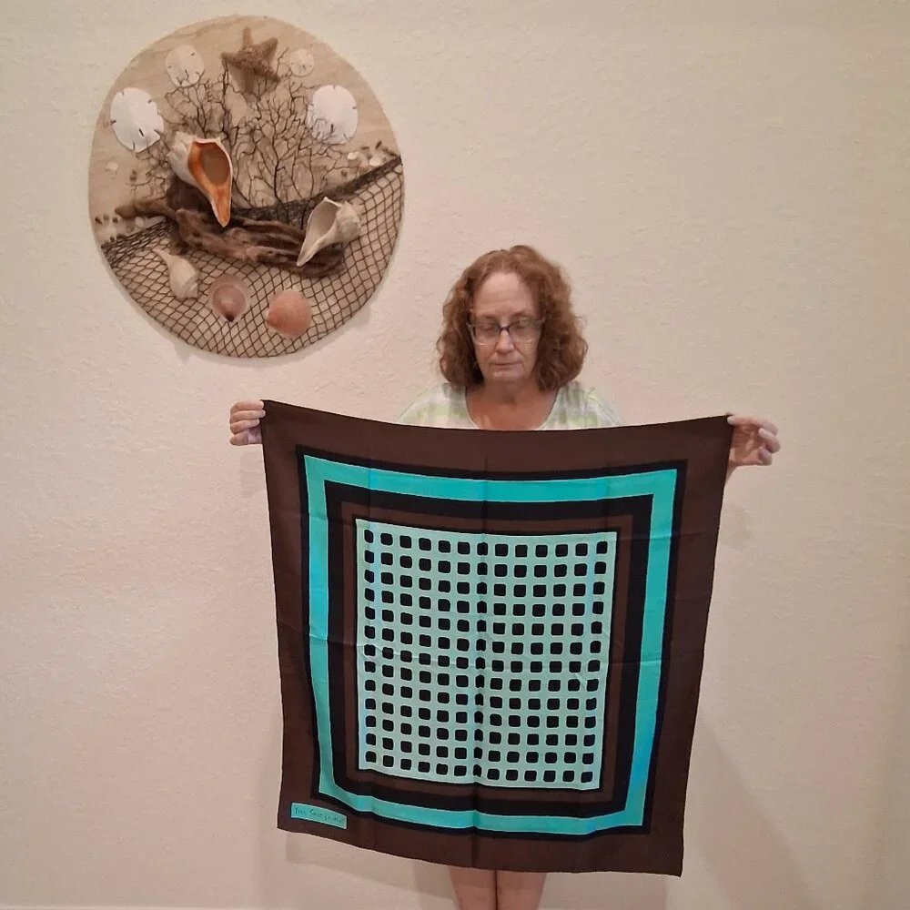 Yves Saint Laurent Brown & Turquoise Geometric Square 100% Silk Scarf - Picture 4 of 6